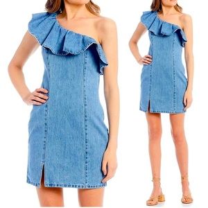 GB GIANNI BINI One Shoulder Ruffle DRESS Size S Denim Jean Blue Never Worn
